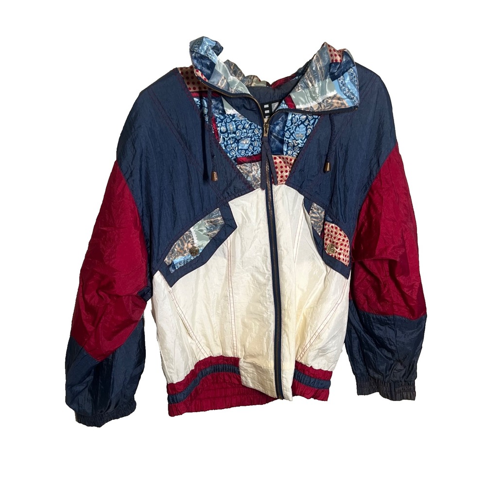 Vtg Colorful Windbreaker Womens Sz S 80s Shoulder Pads Burgundy Wine Unique‎